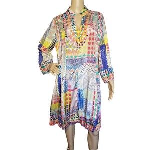 Soft Surroundings Satin Shirt Dress Mirrors patchwork Art to Wear Large      T43